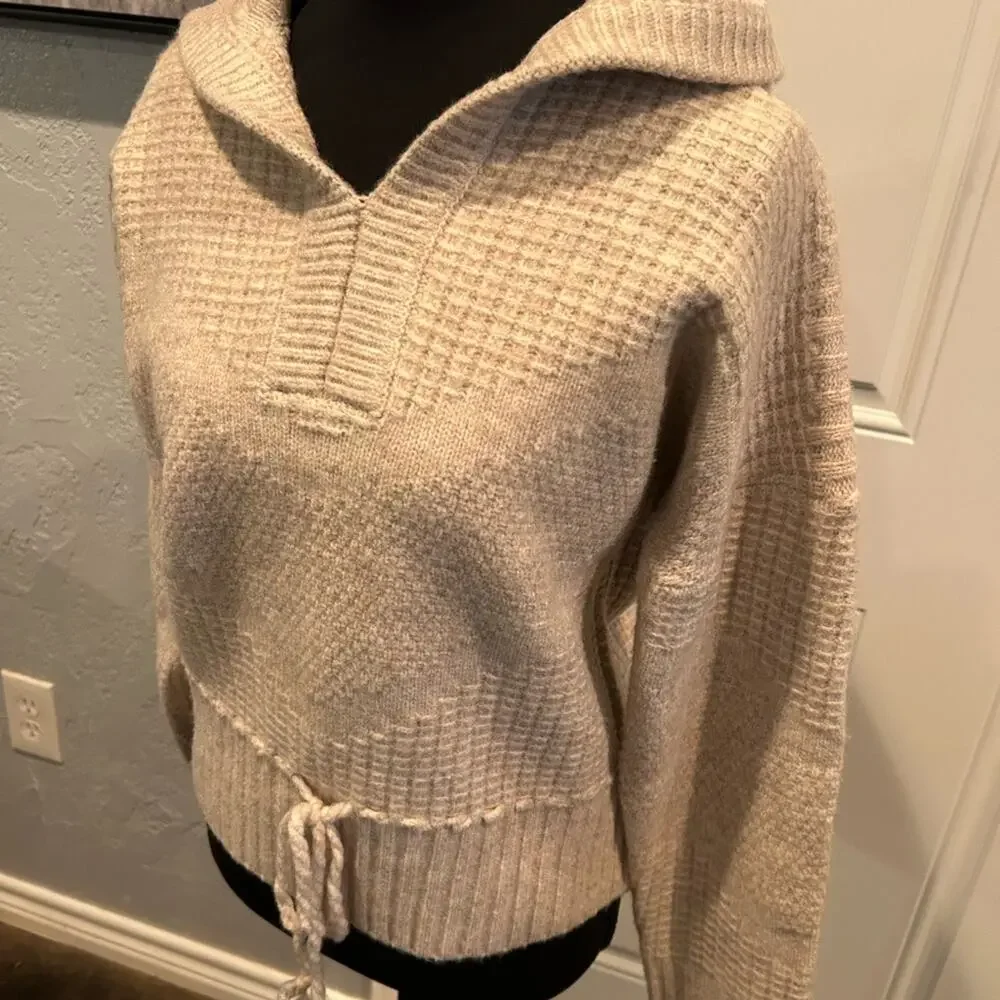 Flag & Anthem Womens S Cream Waffle Knit Sweater Hoodie Pullover Soft Cozy EUC